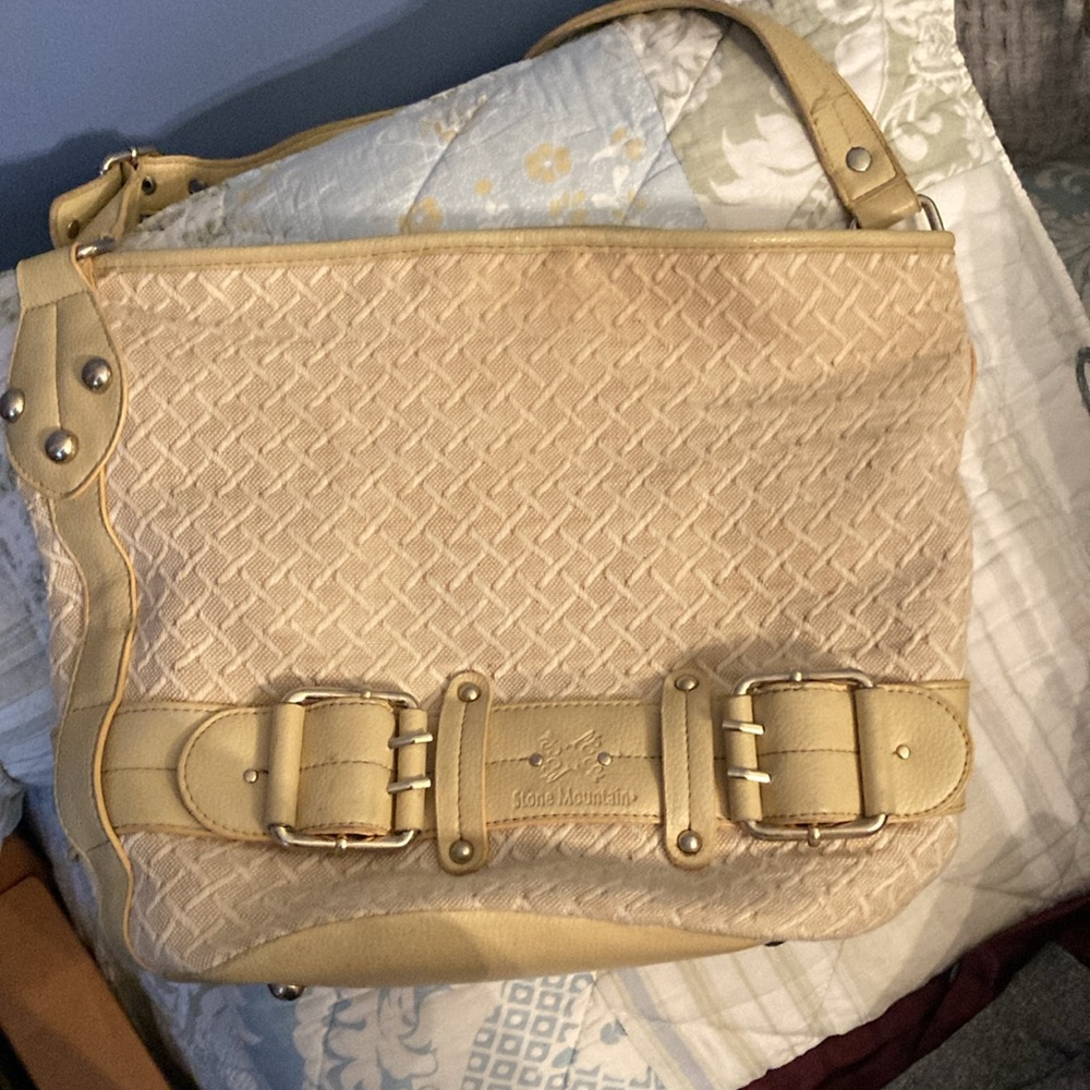 Stone Mountain cream leather trim fabric bag.